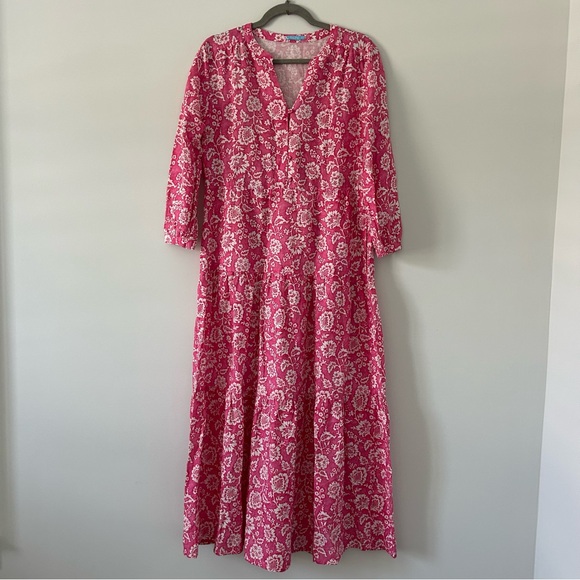 J. McLaughlin Pink Floral Cunningham Elbow Sleeve Linen V Neck Boho Maxi Dress M - Picture 2 of 11